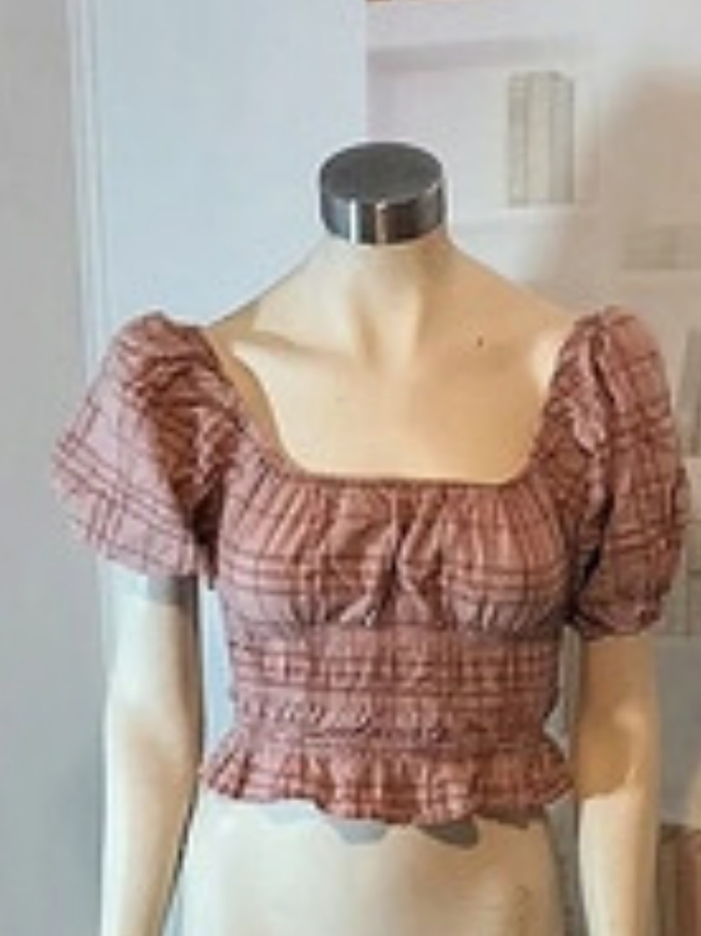 Free People Plaid Puff Sleeve Crop Top Size Small